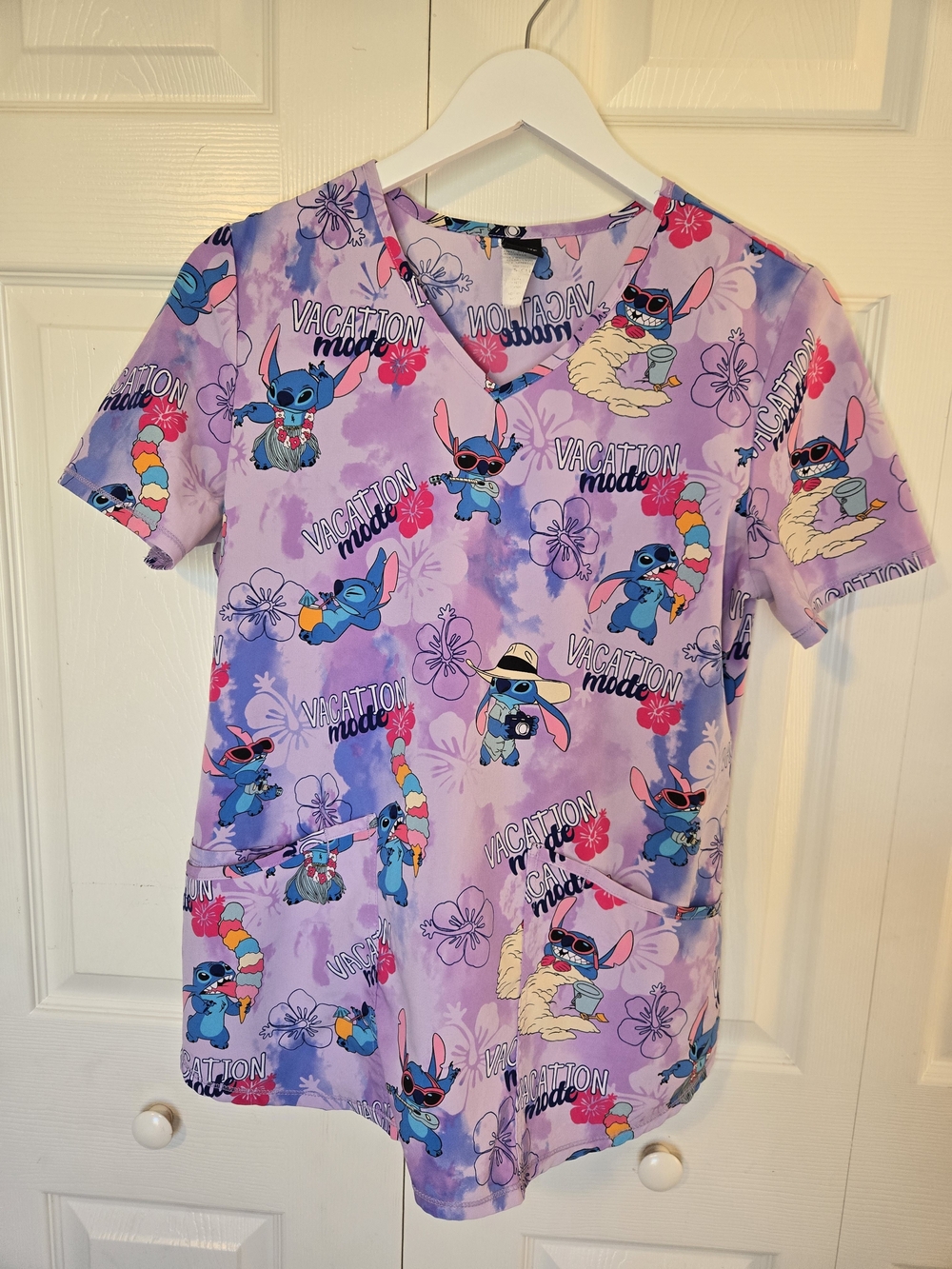 Disney Lavender Scrub Top 'Vacation Mode' Short Sleeve Tee with Stitch Print